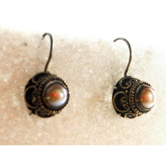 Vintage Sterling Silver Round Pearl Drop Earrings , Cultured Pearls - Picture 5 of 5